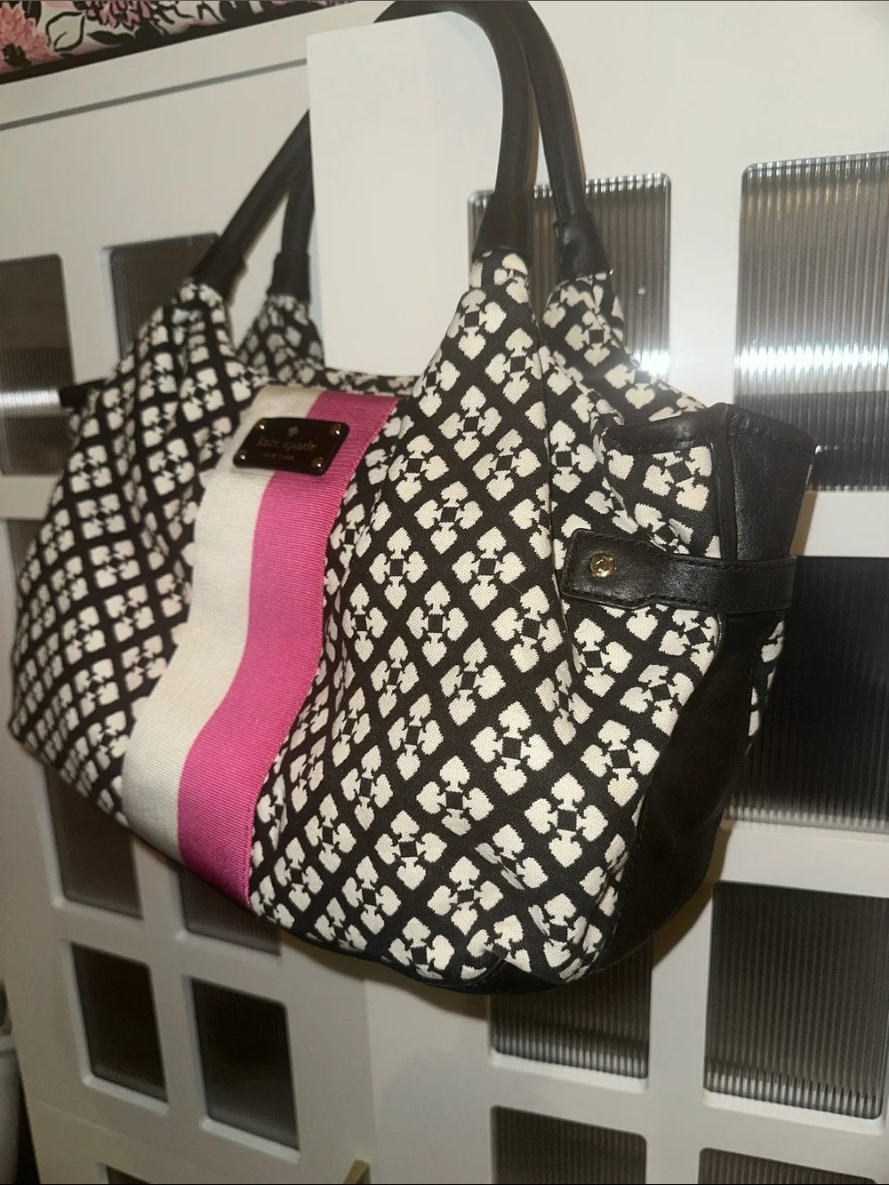 kate spade Black & White Pattern Shoulder Bag with Pink Stripe